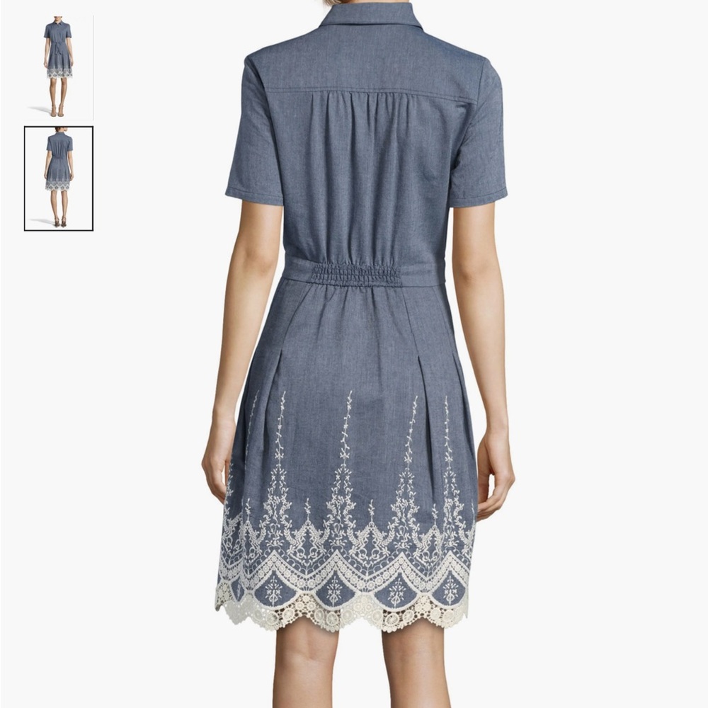 ECI Lace Trim Denim Shirtdress Chambray Buttoned Polo Collar - Picture 4 of 16